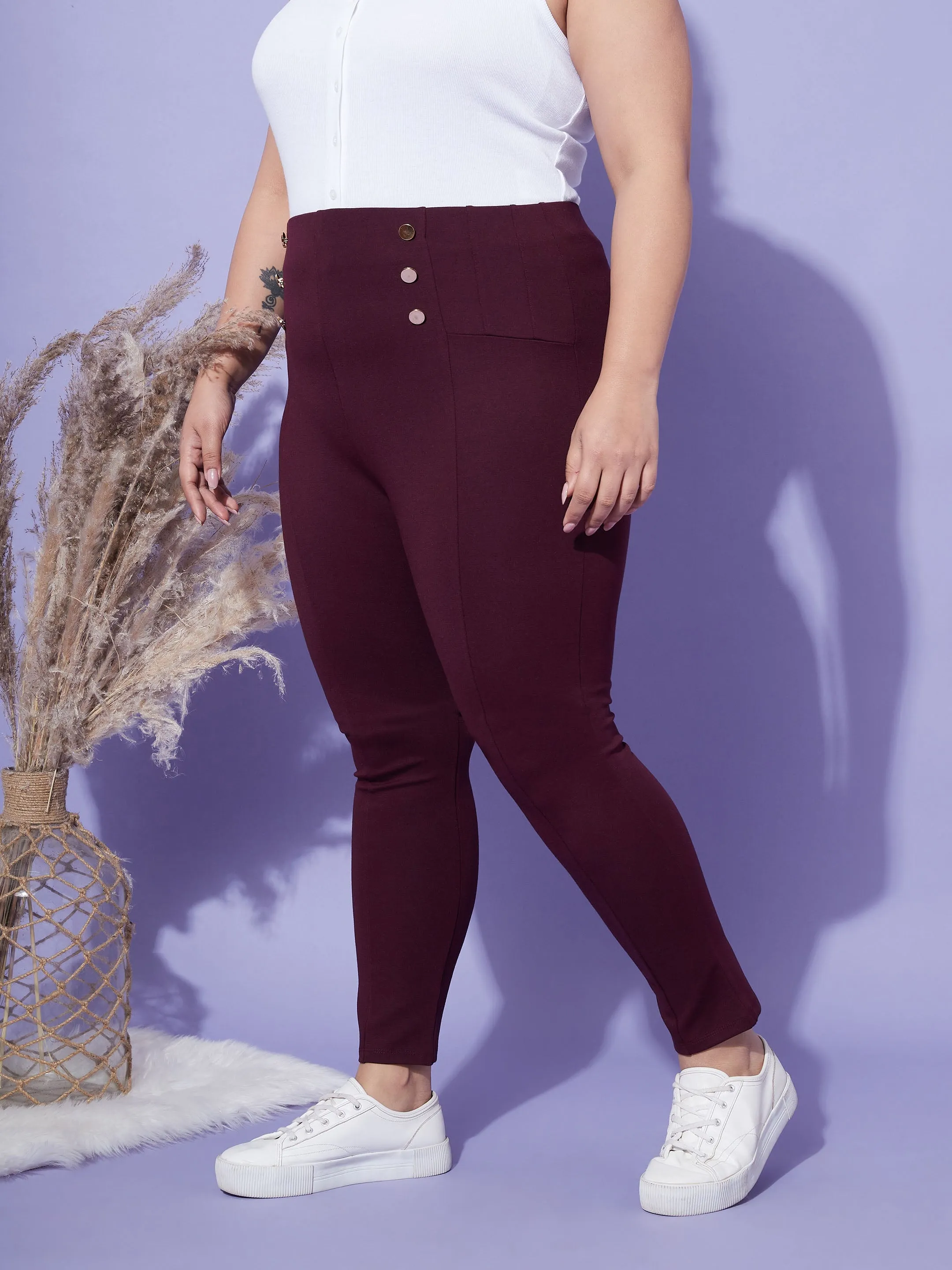 Women Burgundy Show Button High Waist Jeggings