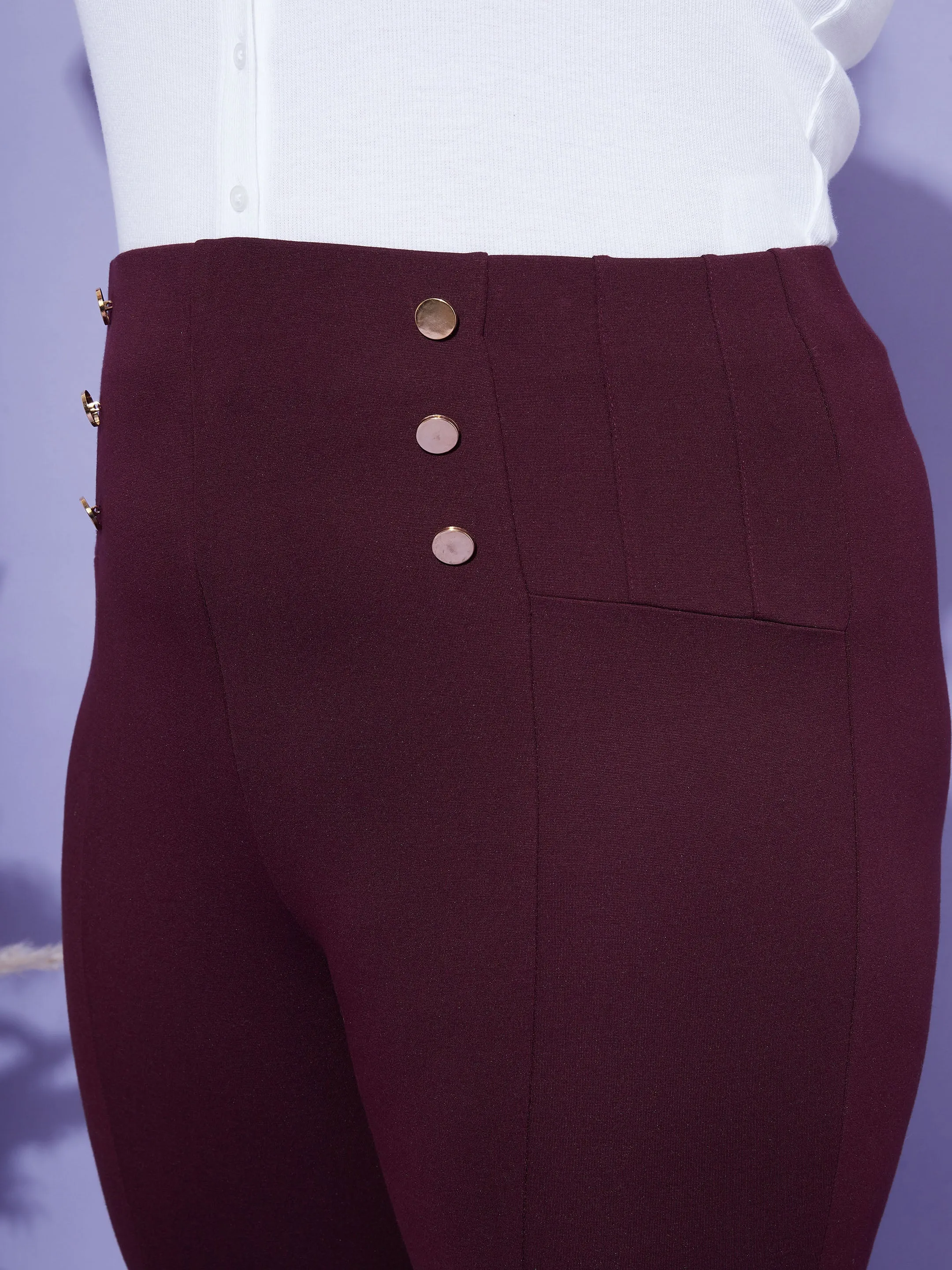 Women Burgundy Show Button High Waist Jeggings