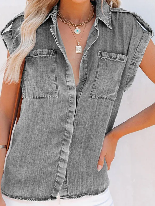 Women's Cap Sleeve Loose Fit Denim Shirt With Front Pockets